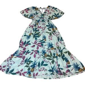 Blue Island Tropical Floral Beach Cover Up, Deep V Maxi Dress, X-Small